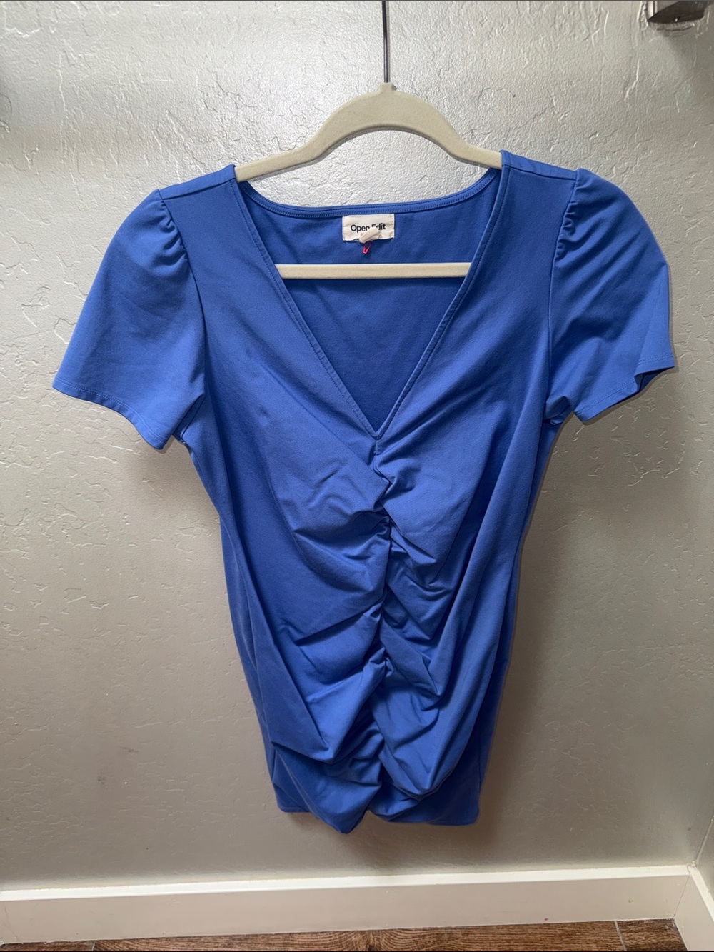 Blue Ruched V-Neck T Shirt Dress